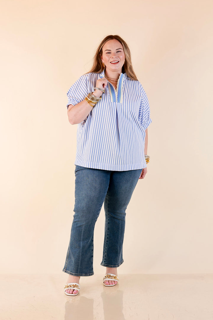 Naturally Stylish Striped Poncho Top with Lace Trim Details and Dolman Sleeves in Baby Blue