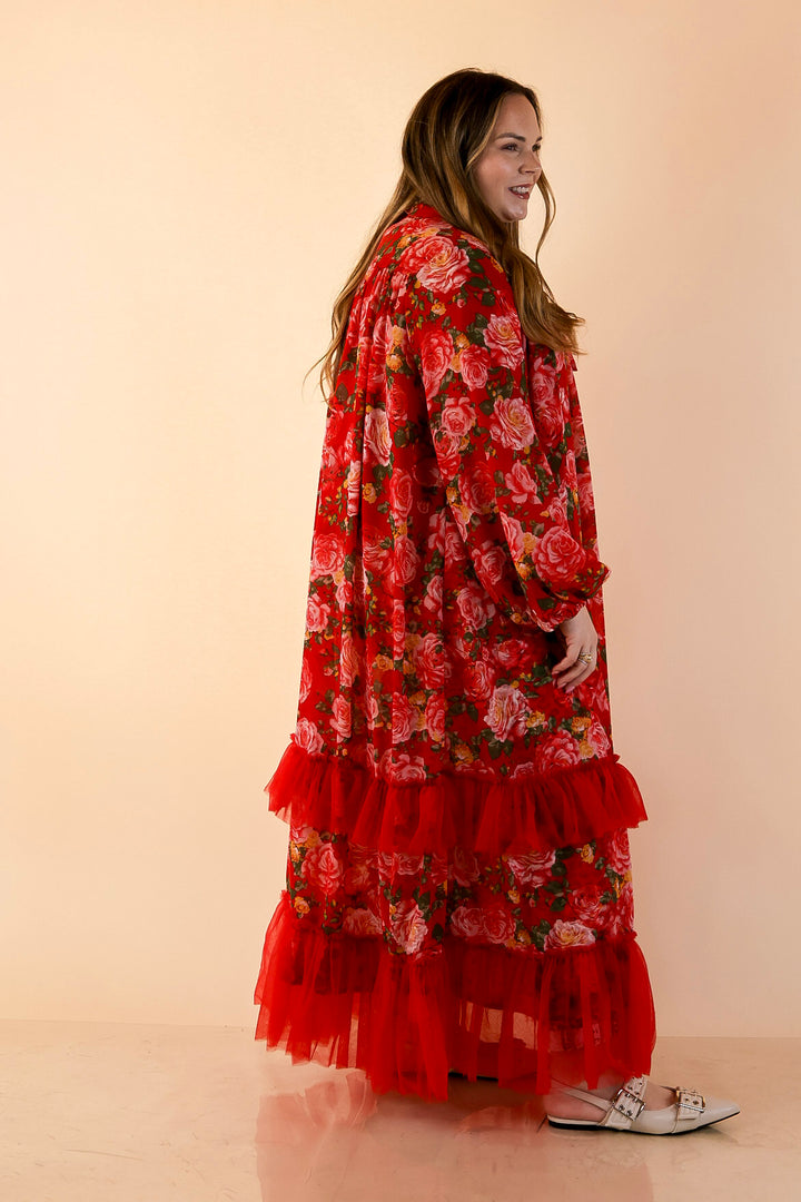 Scarlet Romance Neck Tie Closure Red Rose Floral Drape Statement Kimono Cape in Red