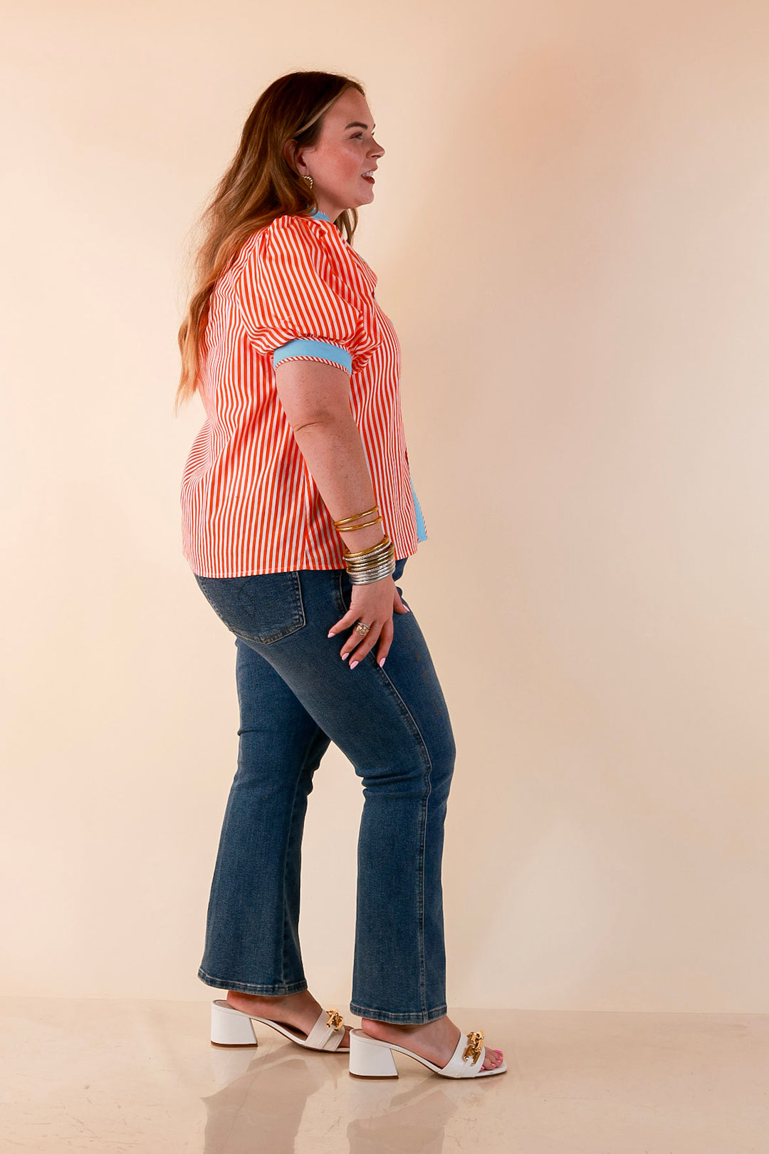 Pop of Polish Short Puff Sleeve Button Front Top with Contrast Trim in Orange, White and Sky Blue