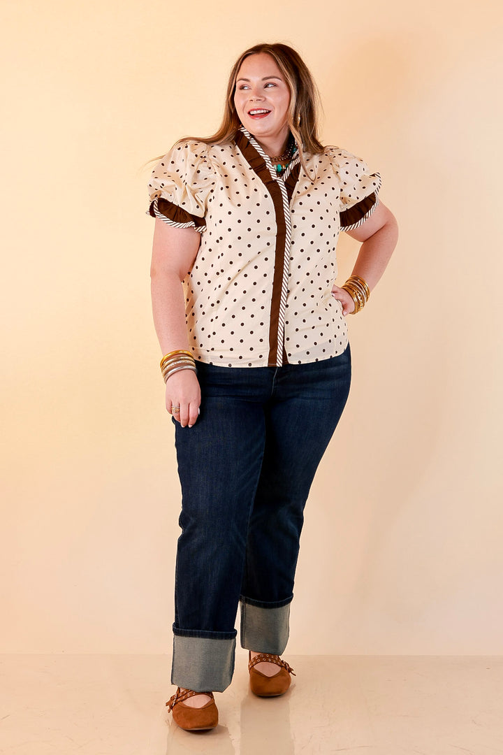 Endless Elegance Ruffled V Neck Polka Dot Print Top in Cream and Brown