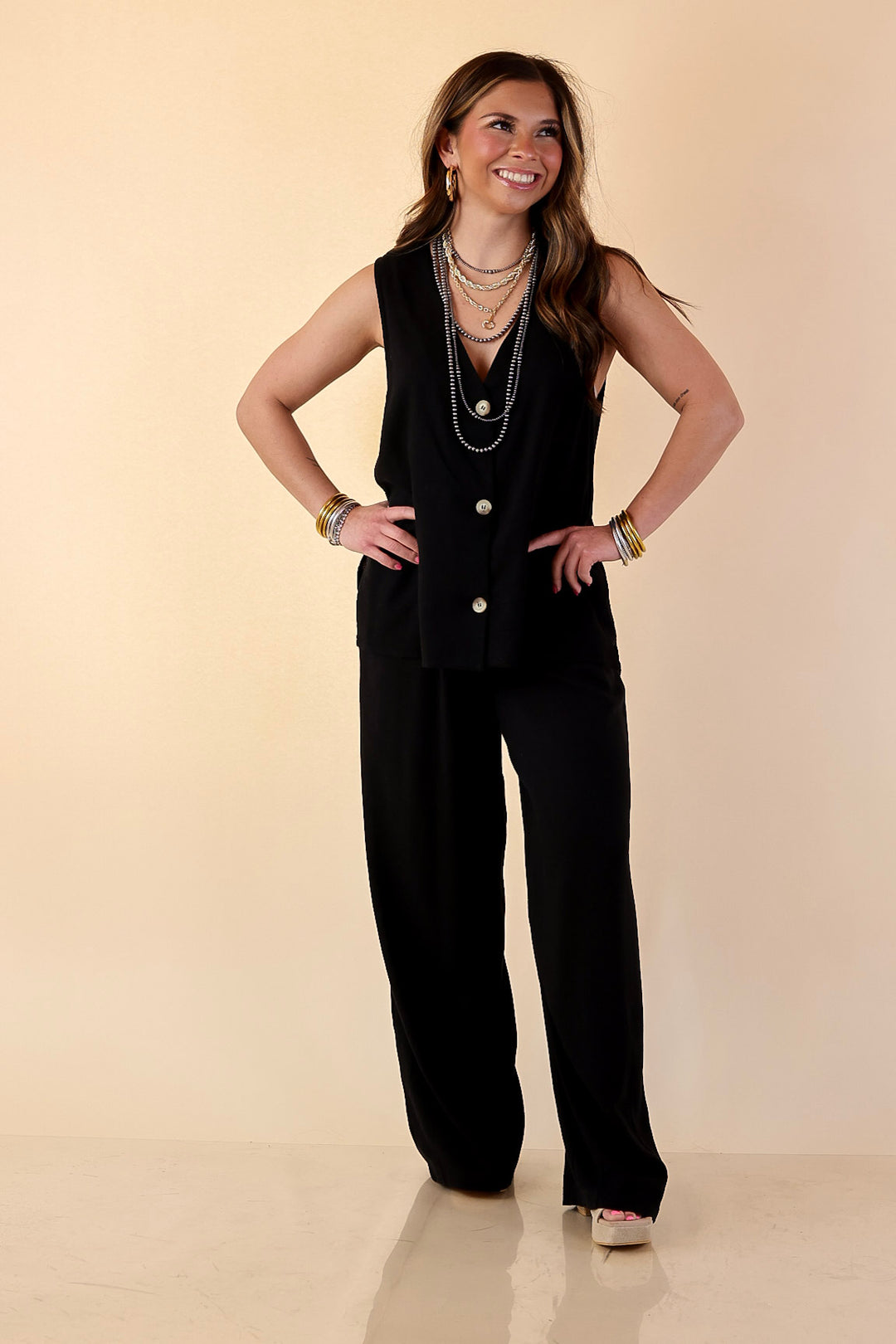 Styled for Success Button Up Linen Vest in Black