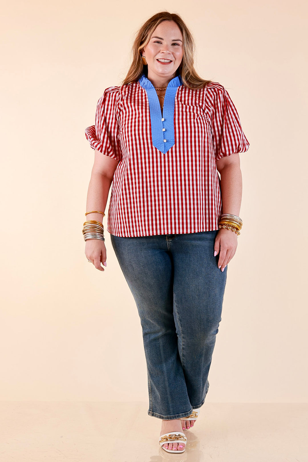 Polished &amp; Playful Short Puff Sleeve Gingham Top with Contrast Blue Trim in Red and White