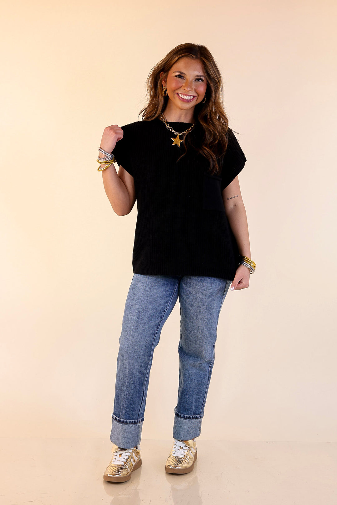 Repeat Ready Cap Sleeve Sweater with Front Pocket in Black