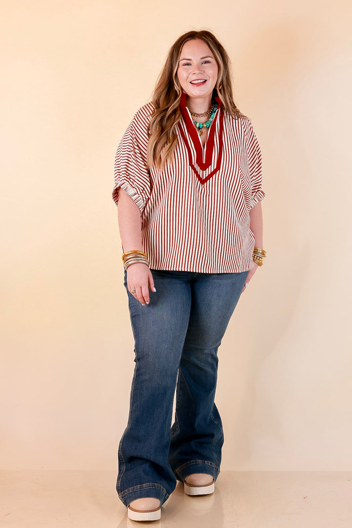 Naturally Stylish Stripe Top with Contrast Stripe Trim and Short Dolman Sleeves in Brick Red