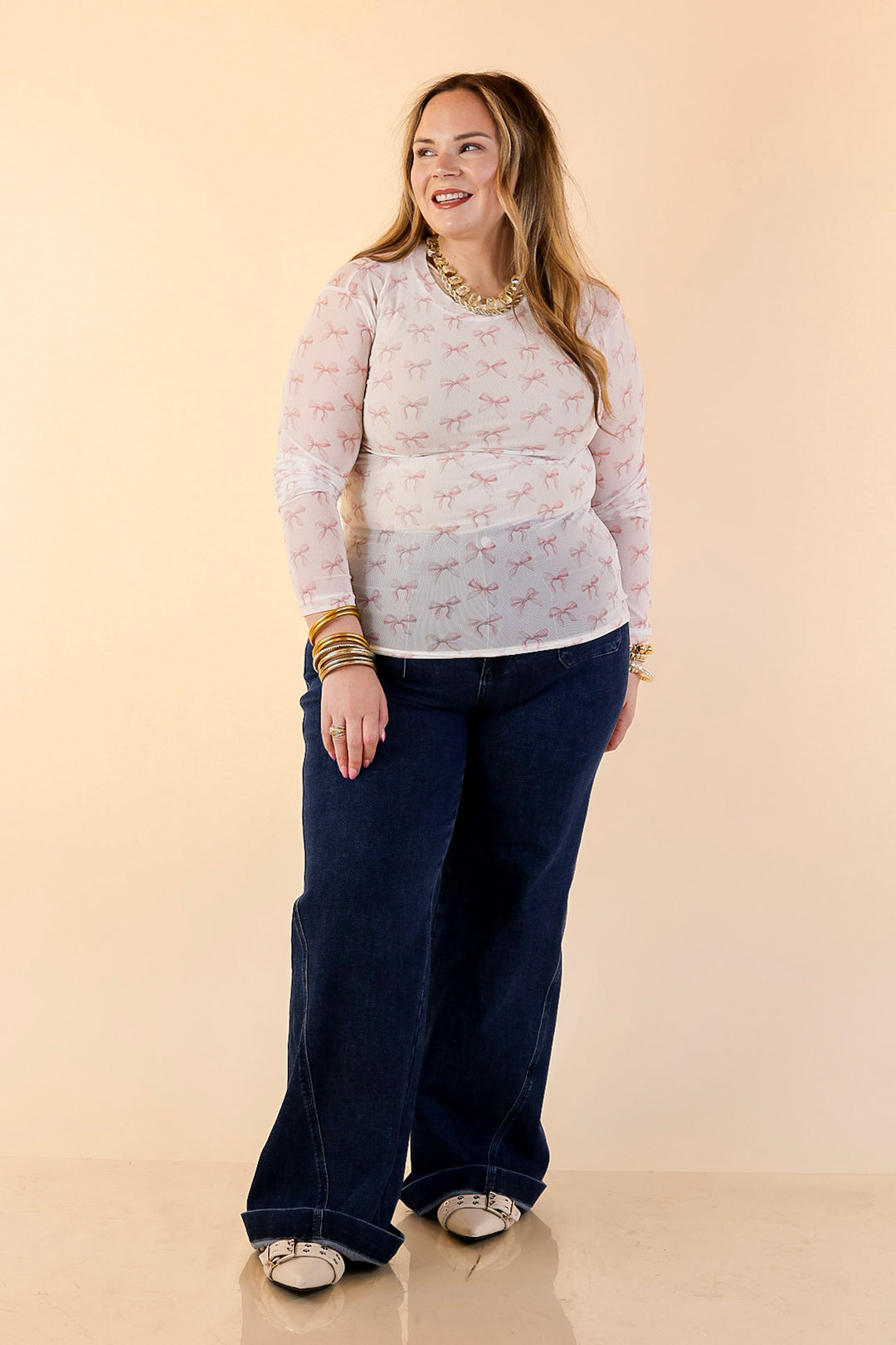 The Perfect Layer Coquette Pink Bow Print Mesh Long Sleeve Top in Ivory