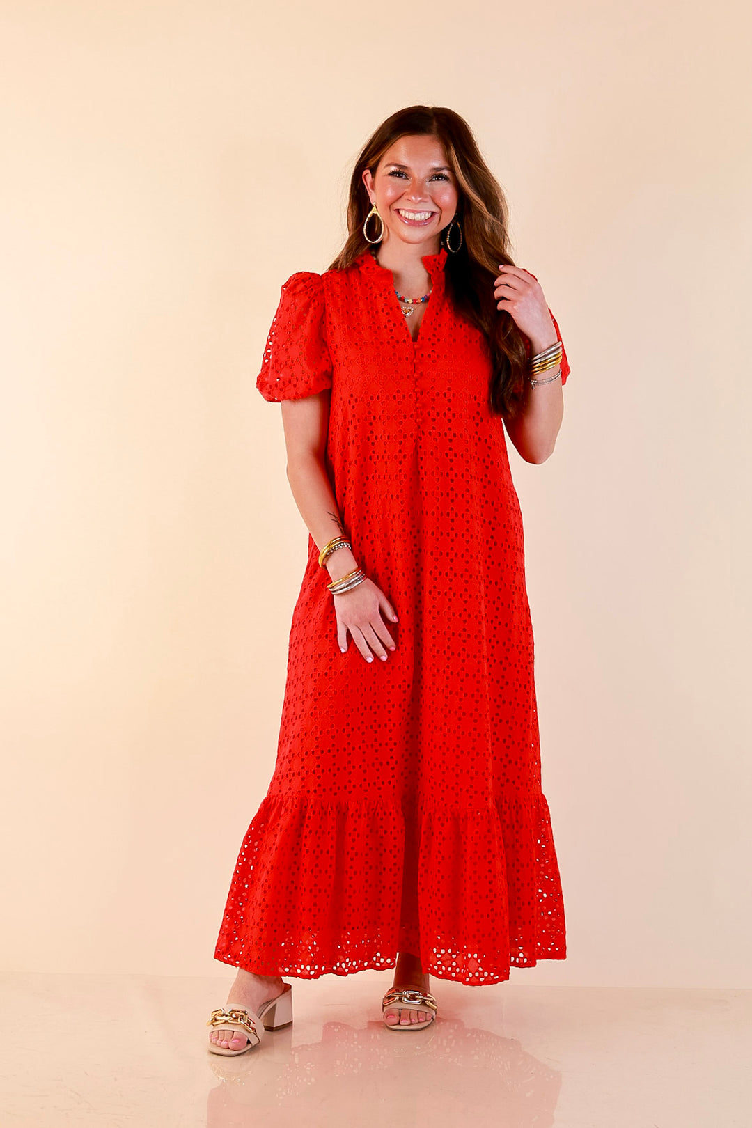 Meet Me at Sunset Eyelet Lace Puff Sleeve Tiered Maxi Dress in Red