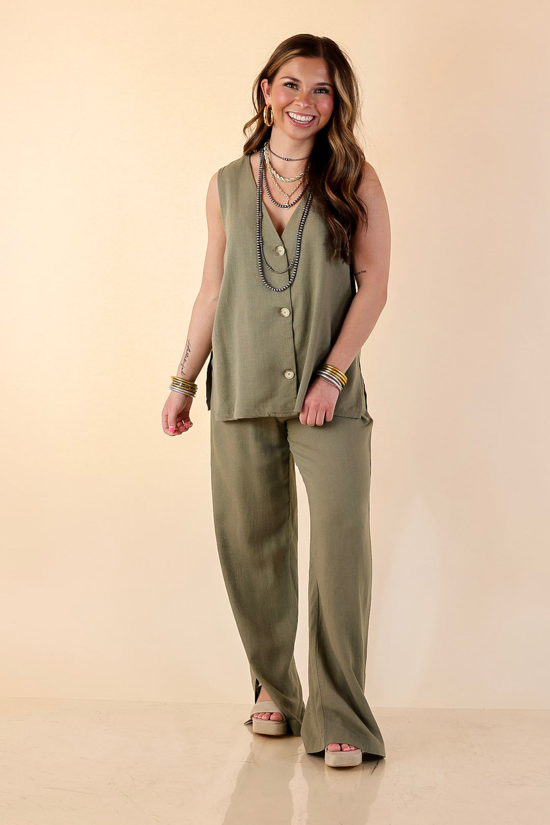 Styled in Comfort Linen Wide Leg Drawstring Pants in Olive Green