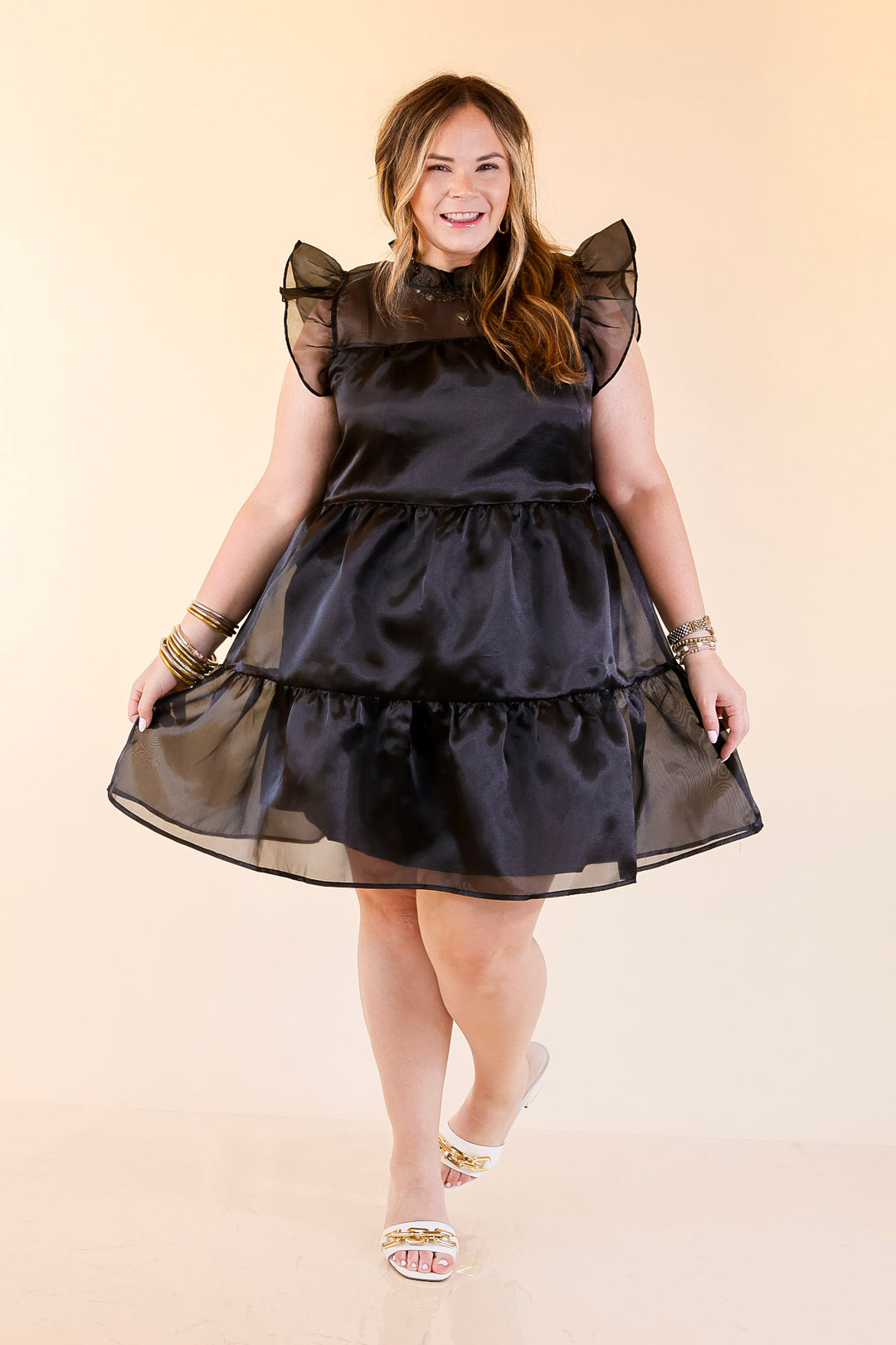 Mud Pie | Jane High Neck Sheer Tulle Ruffle Tiered Dress in Black