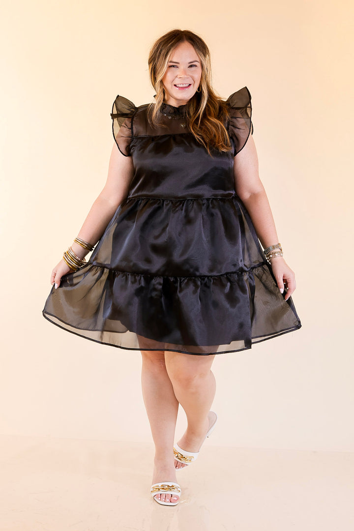 Mud Pie | Jane High Neck Sheer Tulle Ruffle Tiered Dress in Black