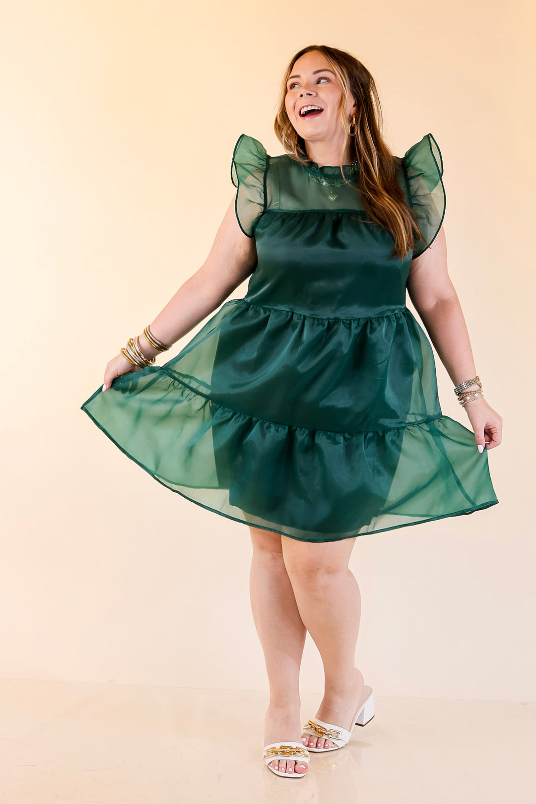 Mud Pie | Jane High Neck Sheer Tulle Ruffle Tiered Dress in Forest Green