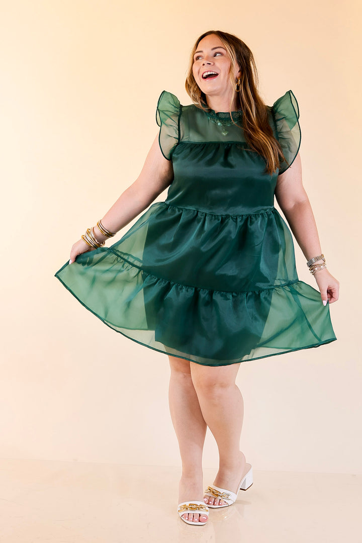 Mud Pie | Jane High Neck Sheer Tulle Ruffle Tiered Dress in Forest Green