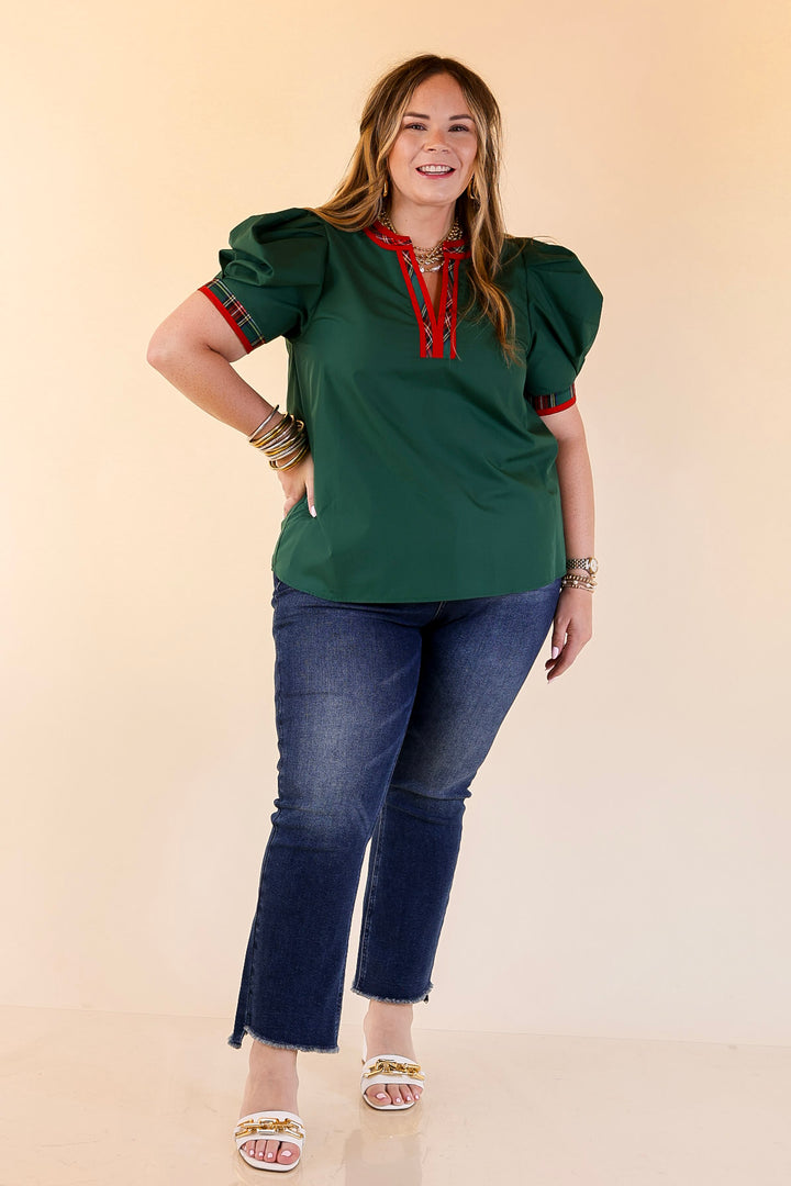 Commanding Style V Neck Top with Short Balloon Sleeves and Plaid Trim in Hunter Green