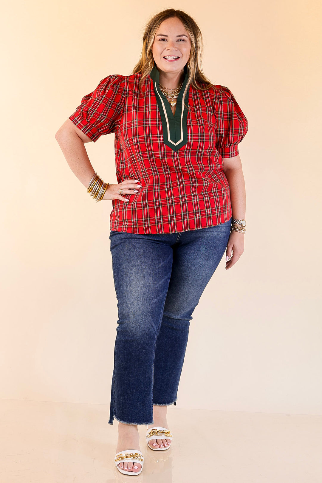 Chic Statement V Neck Plaid Top with Short Balloon Sleeves and Green Trim in Red