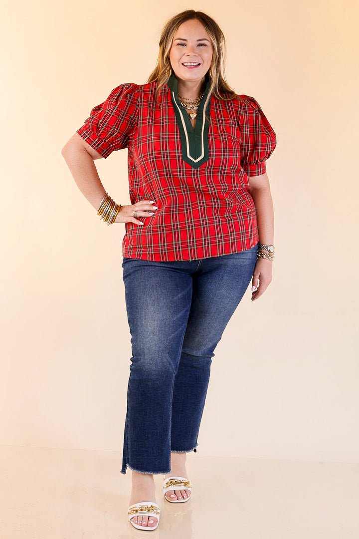 Chic Statement V Neck Plaid Top with Short Balloon Sleeves and Green Trim in Red