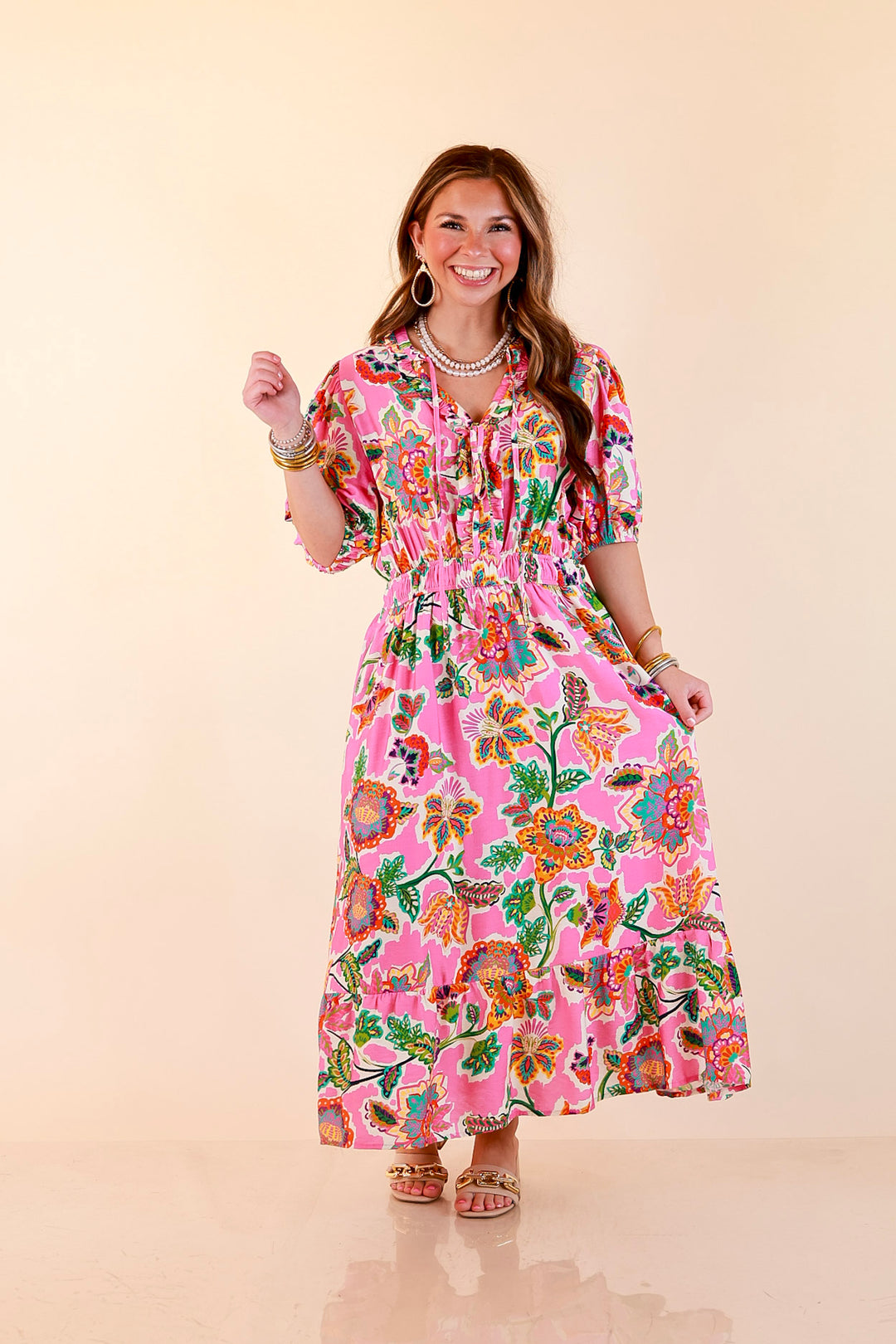 Color Me Happy Floral Print Midi Dress with Tie Neckline and Puff Sleeves in Pink