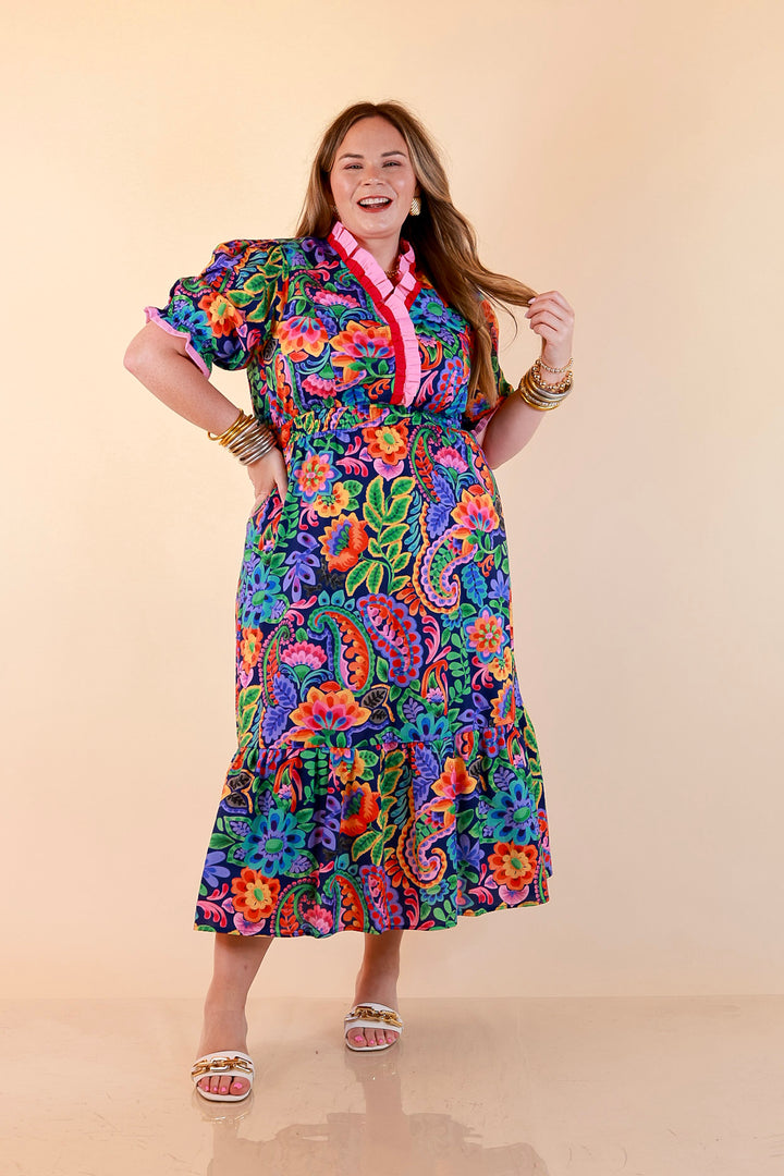 Gracefully Yours Floral and Paisley Print Midi Dress with Contrast Ruffle Trim in Navy Blue
