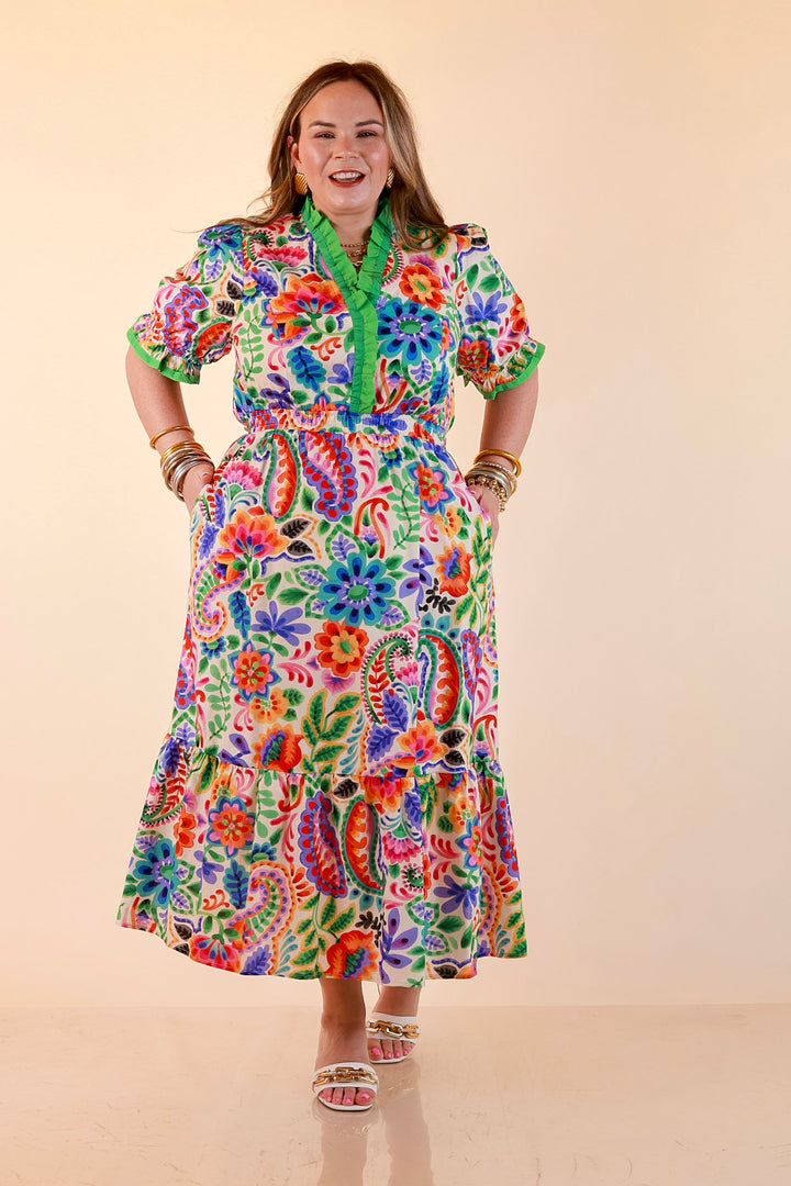 Gracefully Yours Floral and Paisley Print Midi Dress with Contrast Ruffle Trim in Ivory