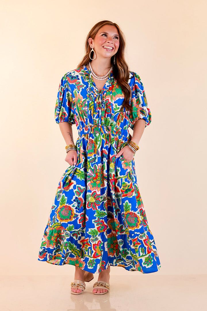 Color Me Happy Floral Print Midi Dress with Tie Neckline and Puff Sleeves in Royal Blue