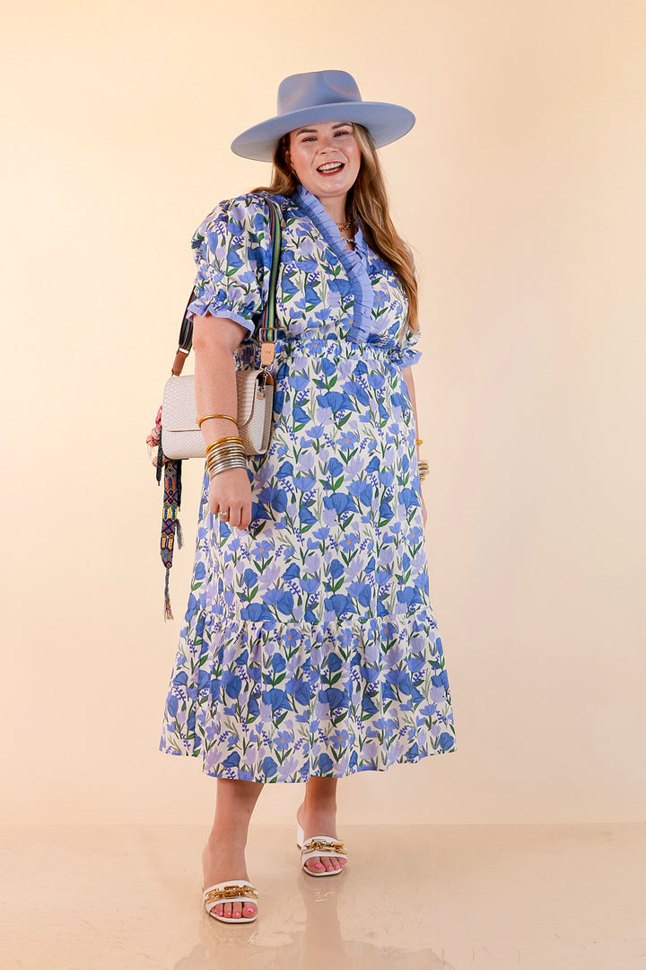 Gracefully Yours Floral Print Midi Dress with Contrast Ruffle Trim in Blue