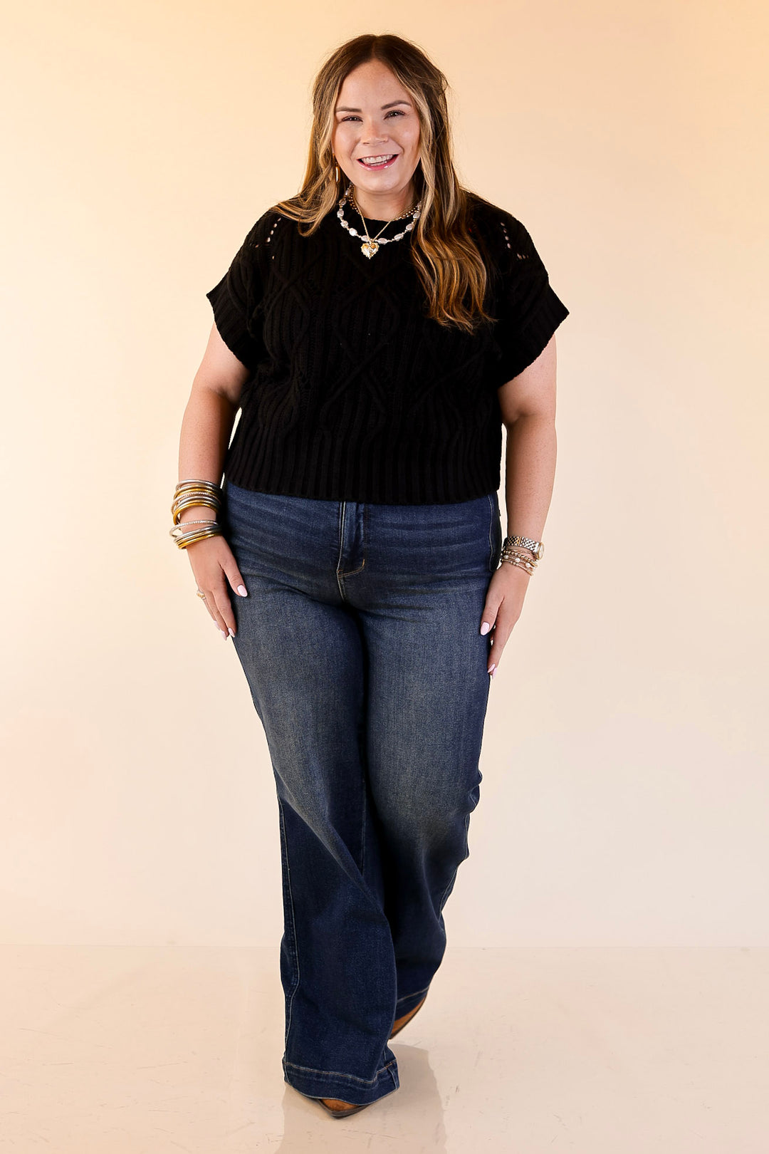 Knit to Last Cable Knit Short Sleeve Sweater Top in Black