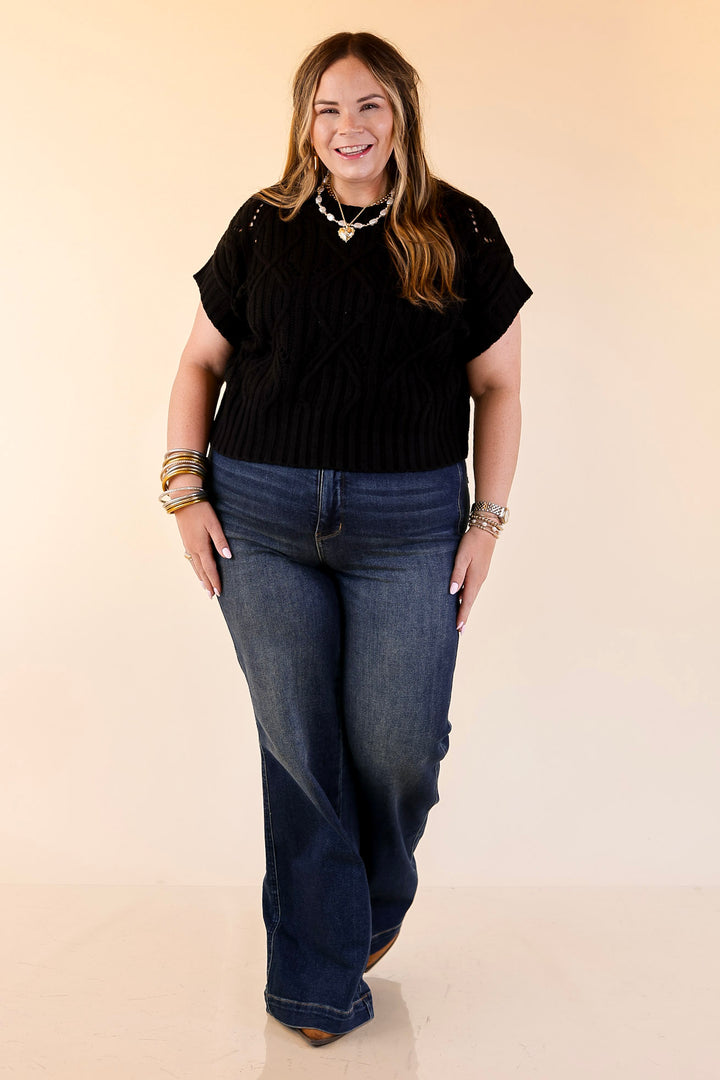Knit to Last Cable Knit Short Sleeve Sweater Top in Black