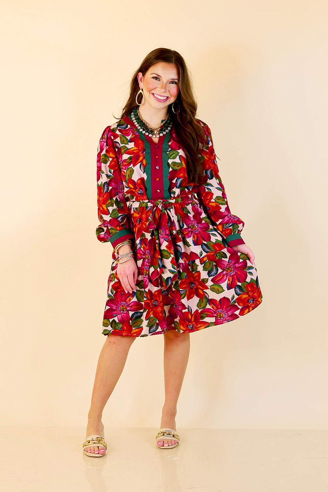 Color Me Confident Floral Print Button Front Contrast Trim Dress in Ivory, Plum and Emerald Green
