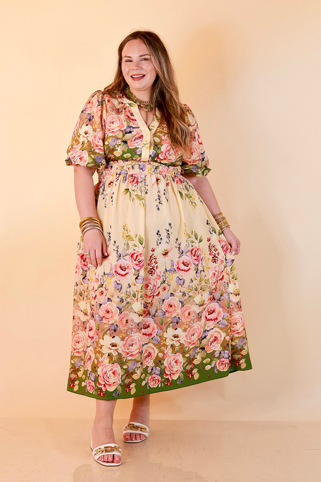 Brunch with the Girls Puff Sleeve Smocked Waist Floral Print Tiered Midi Dress in Ivory and Olive Green Multi