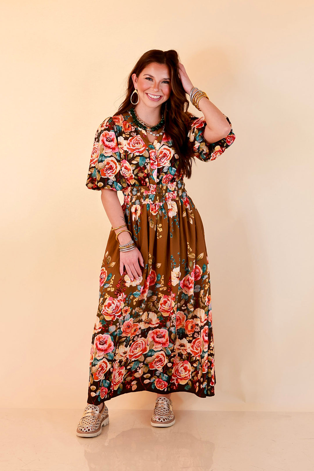 Brunch with the Girls Puff Sleeve Smocked Waist Floral Print Tiered Midi Dress in Chocolate Brown Multi