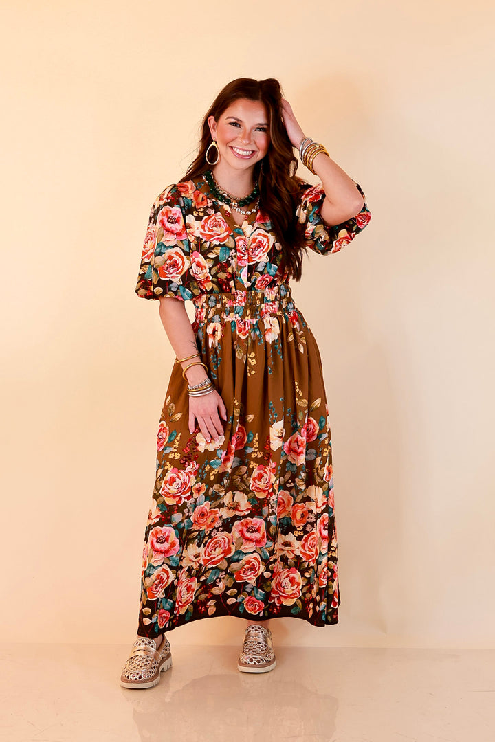 Brunch with the Girls Puff Sleeve Smocked Waist Floral Print Tiered Midi Dress in Chocolate Brown Multi