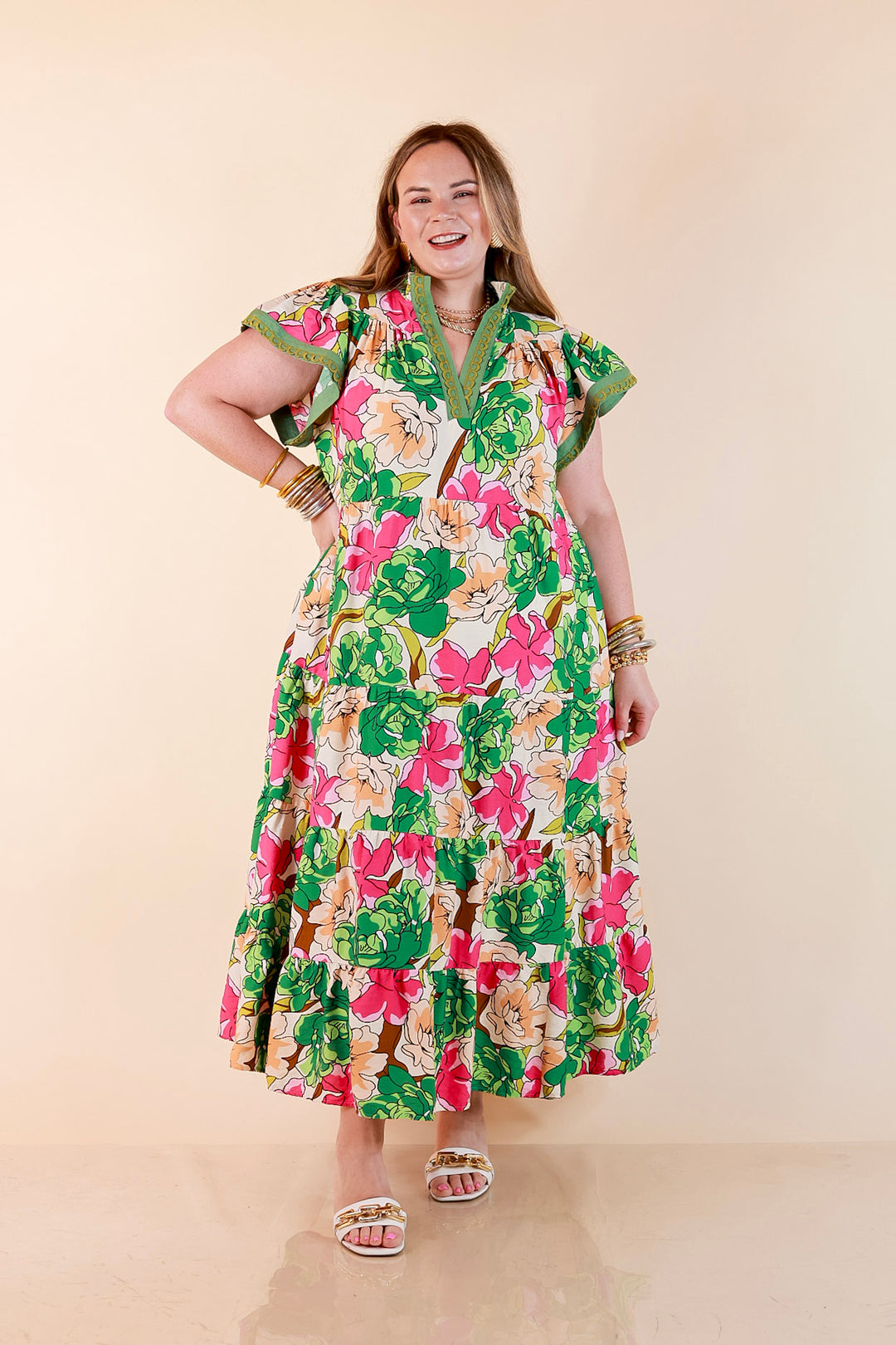 Spring Symphony Floral Print Tiered Midi Dress with Flutter Sleeves in Pink and Green