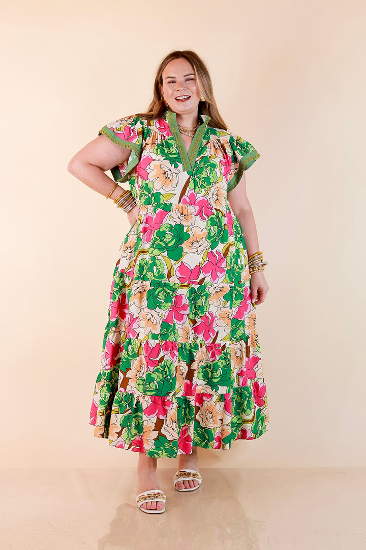 Spring Symphony Floral Print Tiered Midi Dress with Flutter Sleeves in Pink and Green