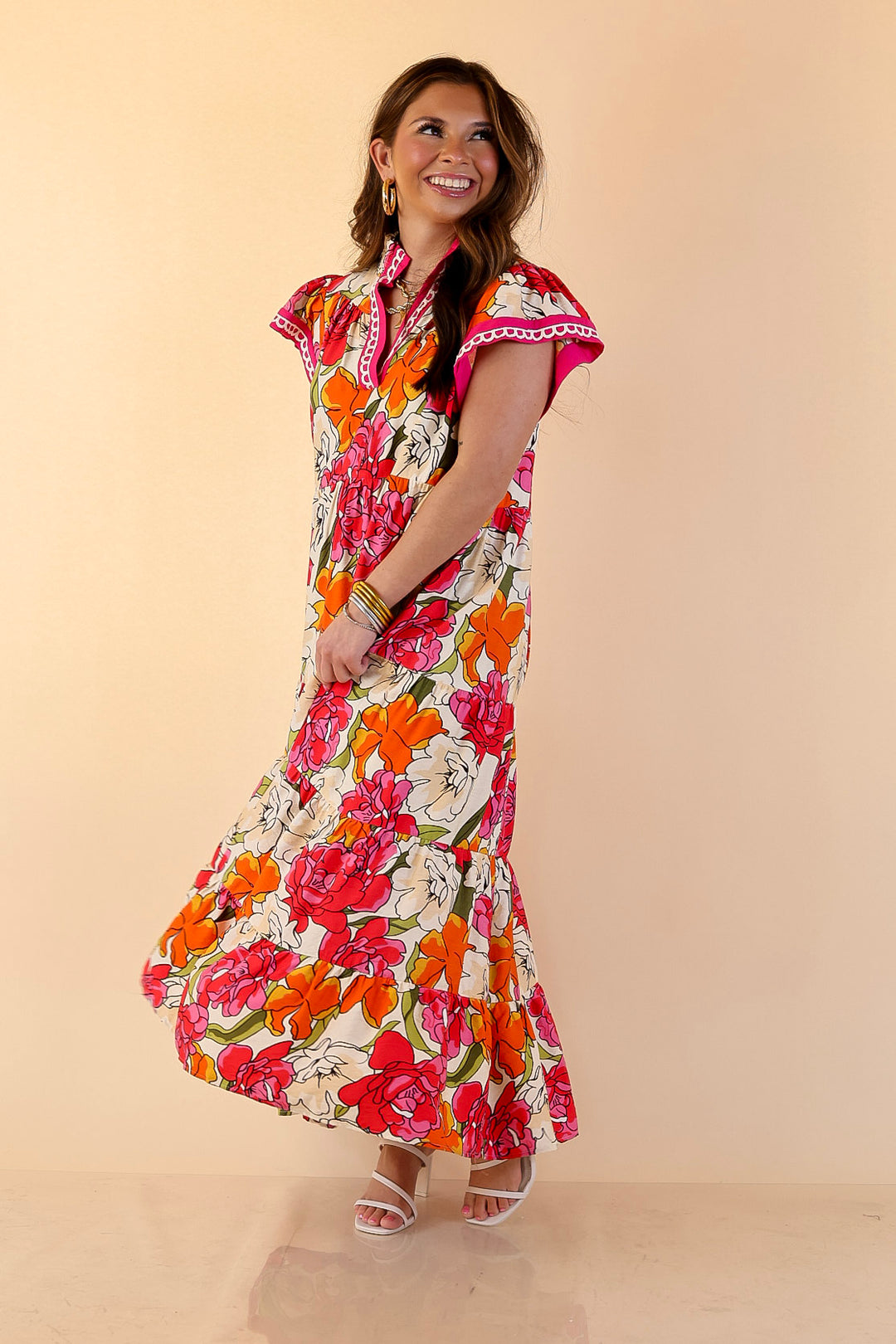 Spring Symphony Floral Print Tiered Midi Dress with Flutter Sleeves in Pink and Orange