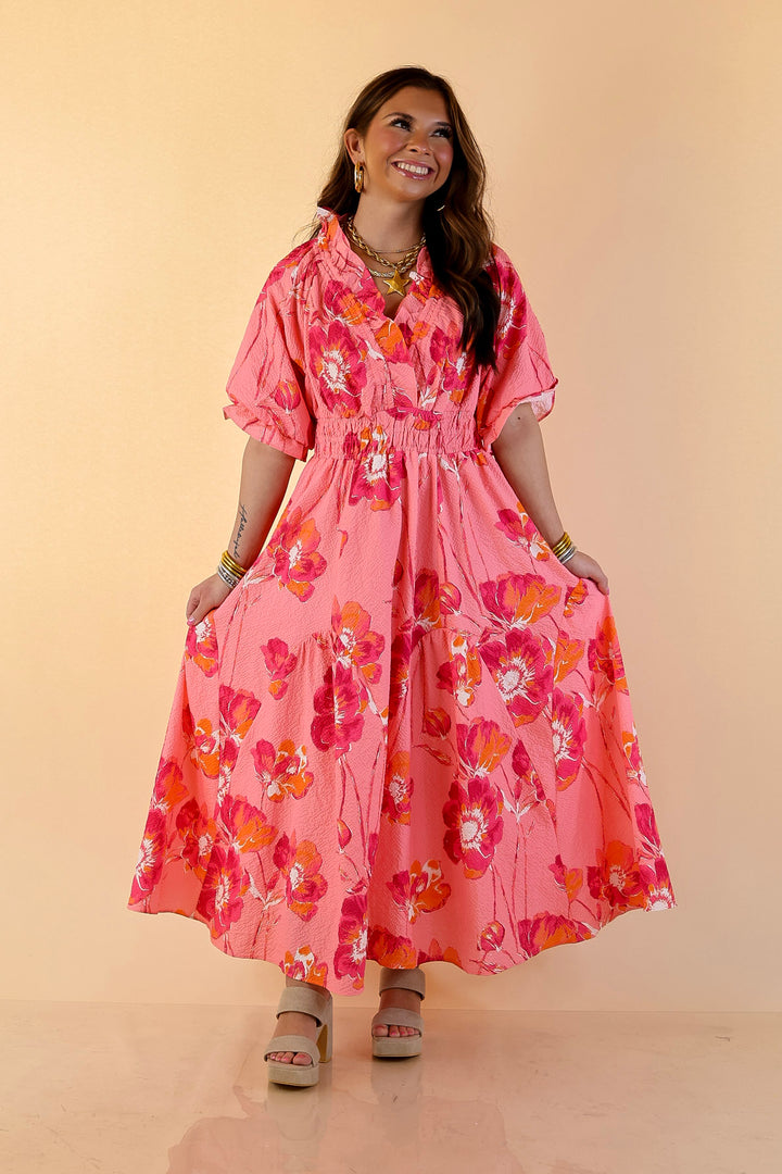 Breezy Belle Floral Print Textured Puff Sleeve Midi Dress with Smocked Waist in Pink Mix