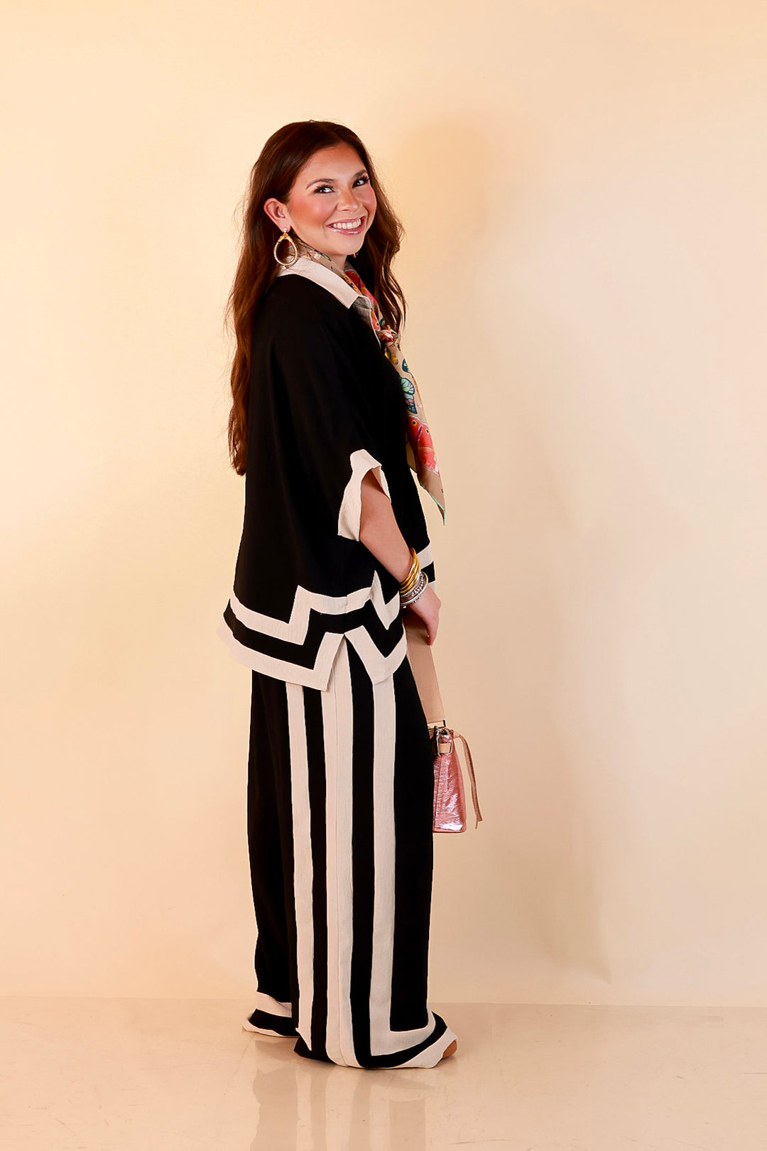First Class Chic Button Front Collared Top with Matching Wide Leg Pants Set in Black and Ivory