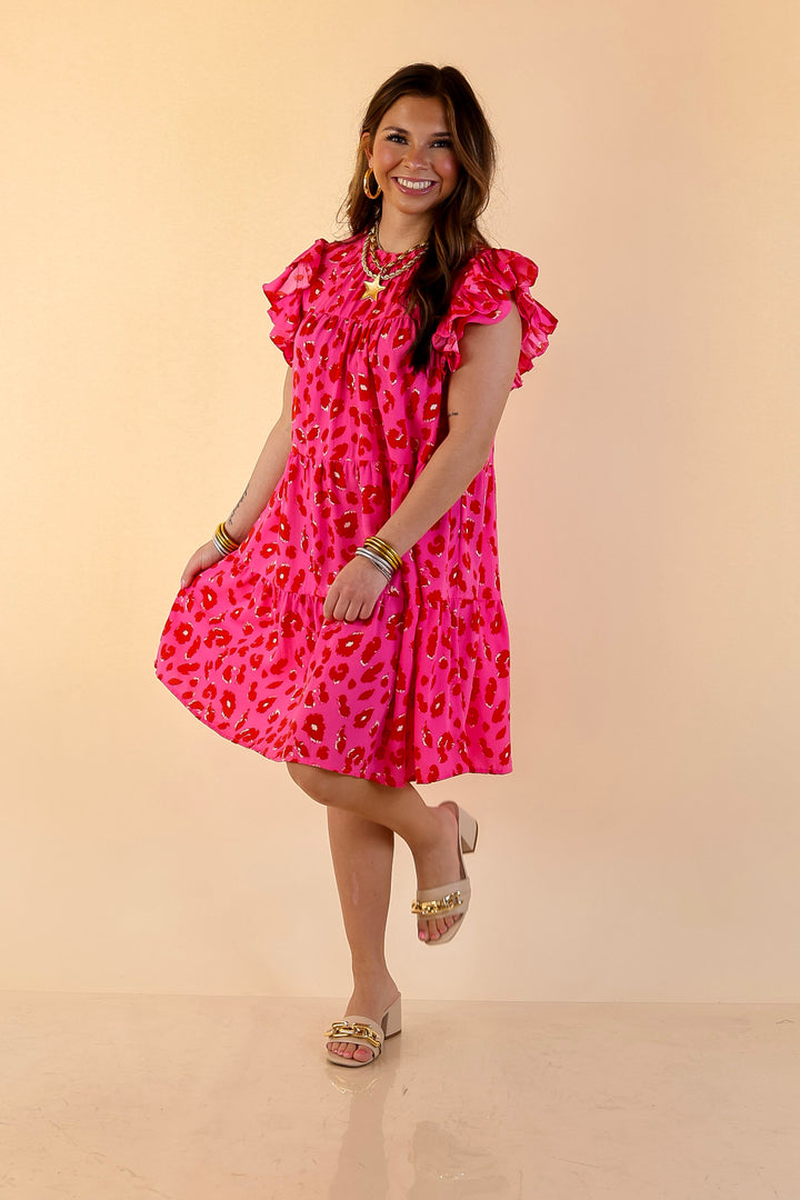 Daring and Delightful Leopard Print Dress with Ruffle Cap Sleeves in Pink and Red
