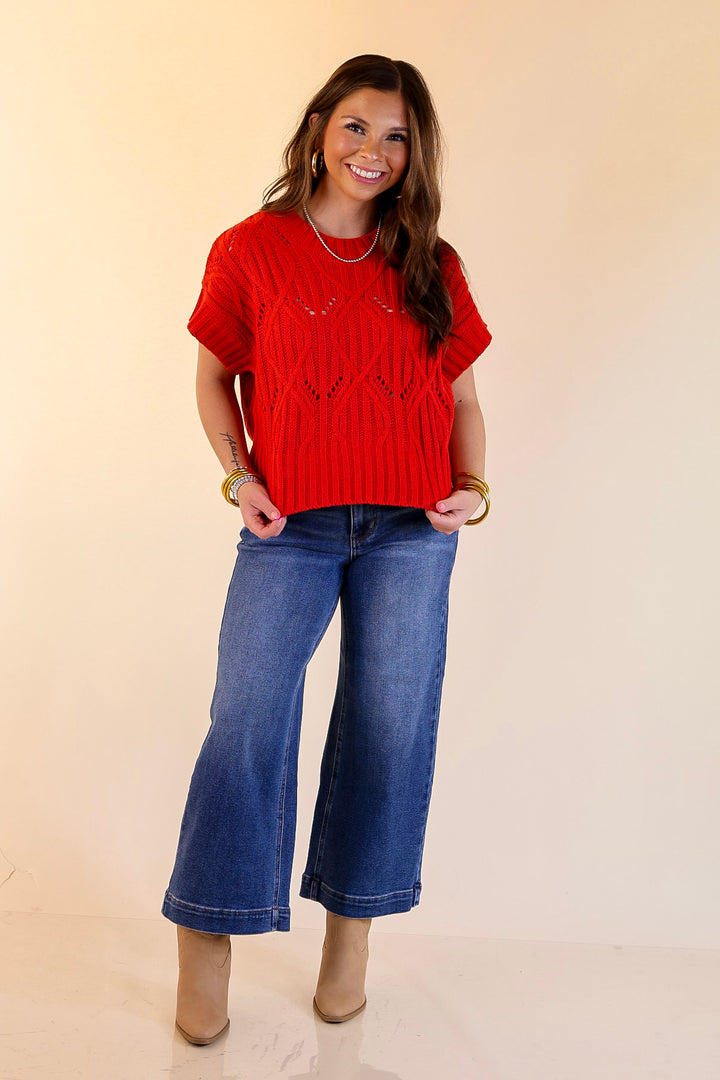 Knit to Last Cable Knit Short Sleeve Sweater Top in Red