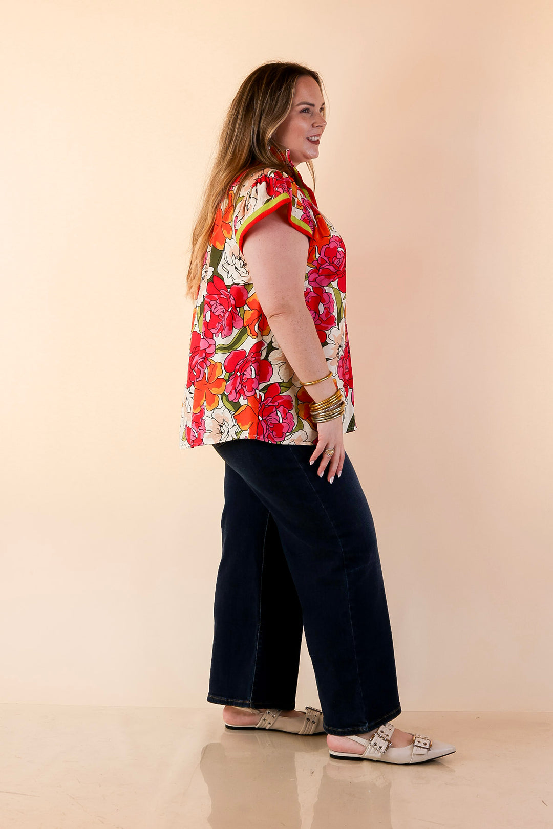 Spring Symphony Floral Print Flutter Sleeve Top with Contrast Trim Split Neckline in Pink and Orange
