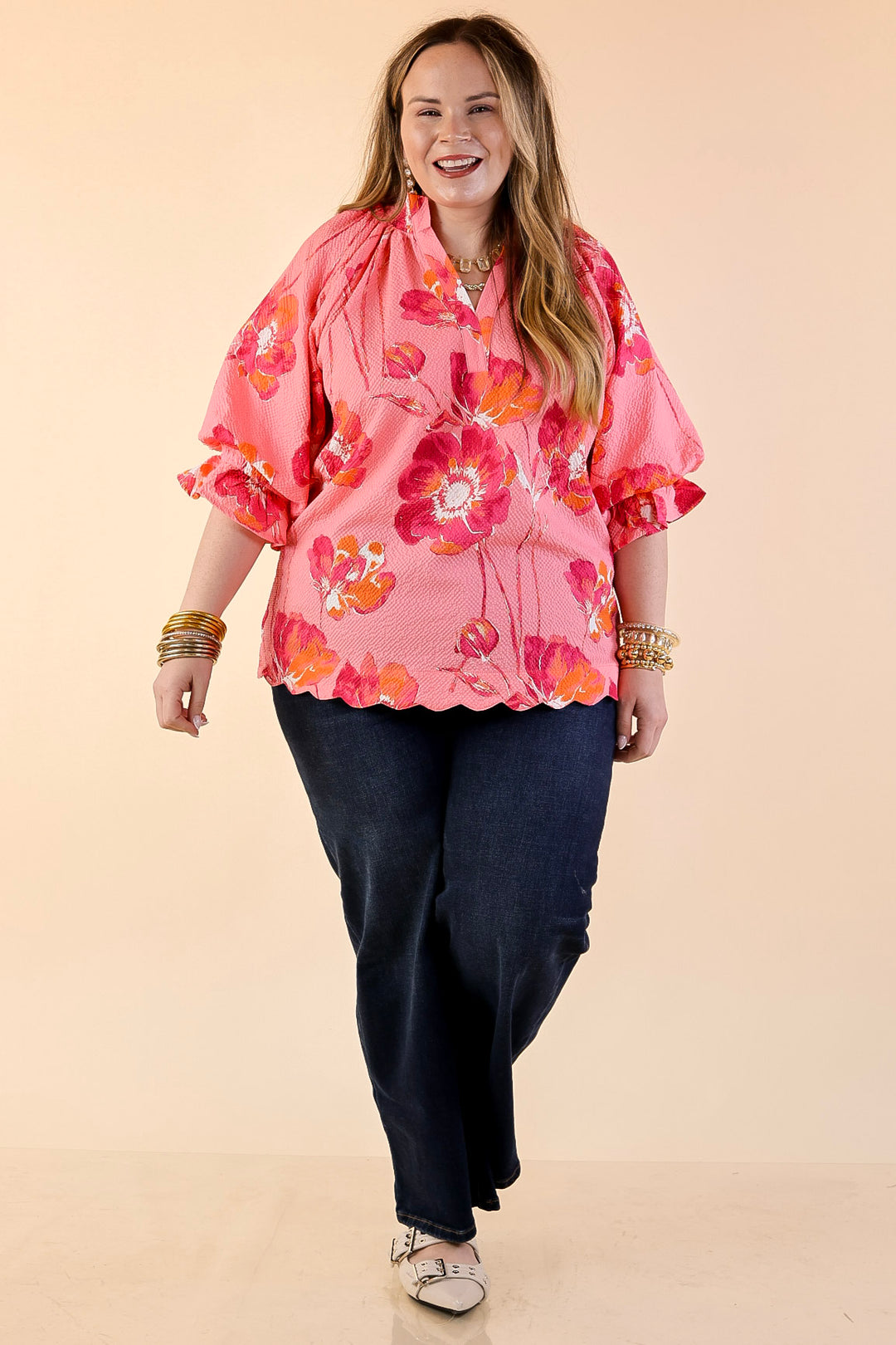 Petal Perfect Floral Print Textured Puff Sleeve Top with Ruffle Split Neckline in Pink Mix