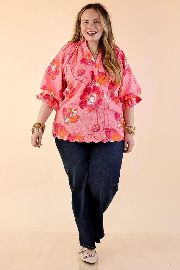 Petal Perfect Floral Print Textured Puff Sleeve Top with Ruffle Split Neckline in Pink Mix