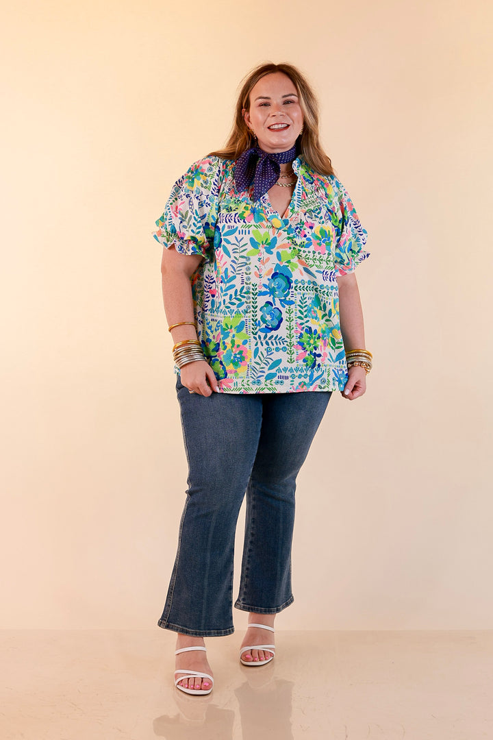 Living in Color Watercolor Floral Print Textured Top with Puff Sleeves in Ivory