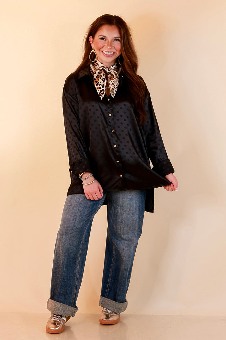 Polished Point of View Satin Collared Polka Dot Button Down Blouse with Gold Buttons in Black