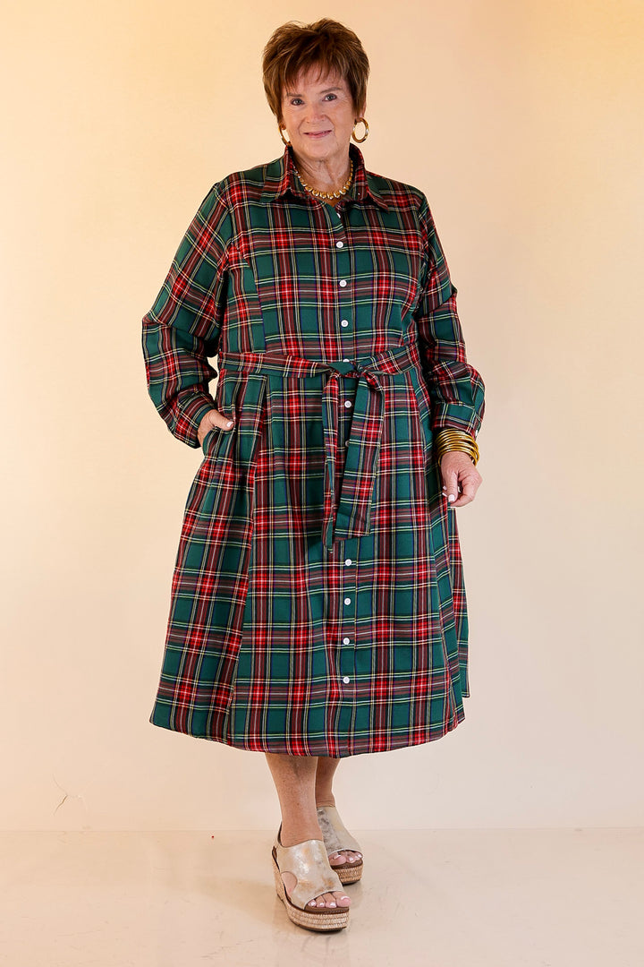 Polished Presence Long Sleeve Plaid Button Up Collared Midi Dress in Green
