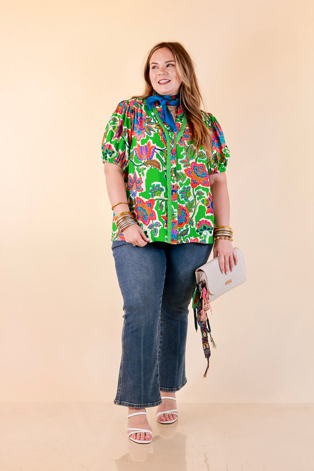Petal Pop Floral Print Ruffle Front Button Up Top with Puff Sleeves in Green