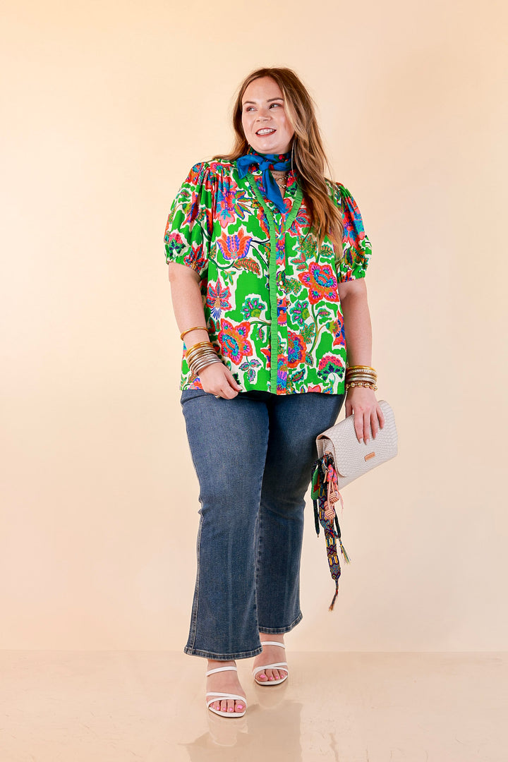 Petal Pop Floral Print Ruffle Front Button Up Top with Puff Sleeves in Green