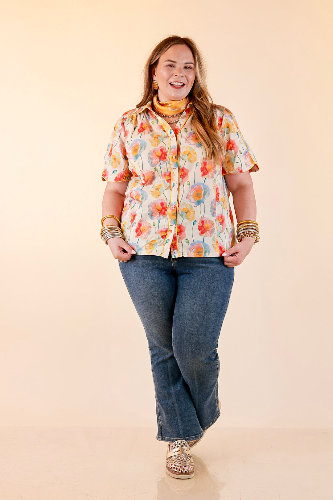 Petals and Plans Poppy Floral Print Button Up Collar Blouse in Cream