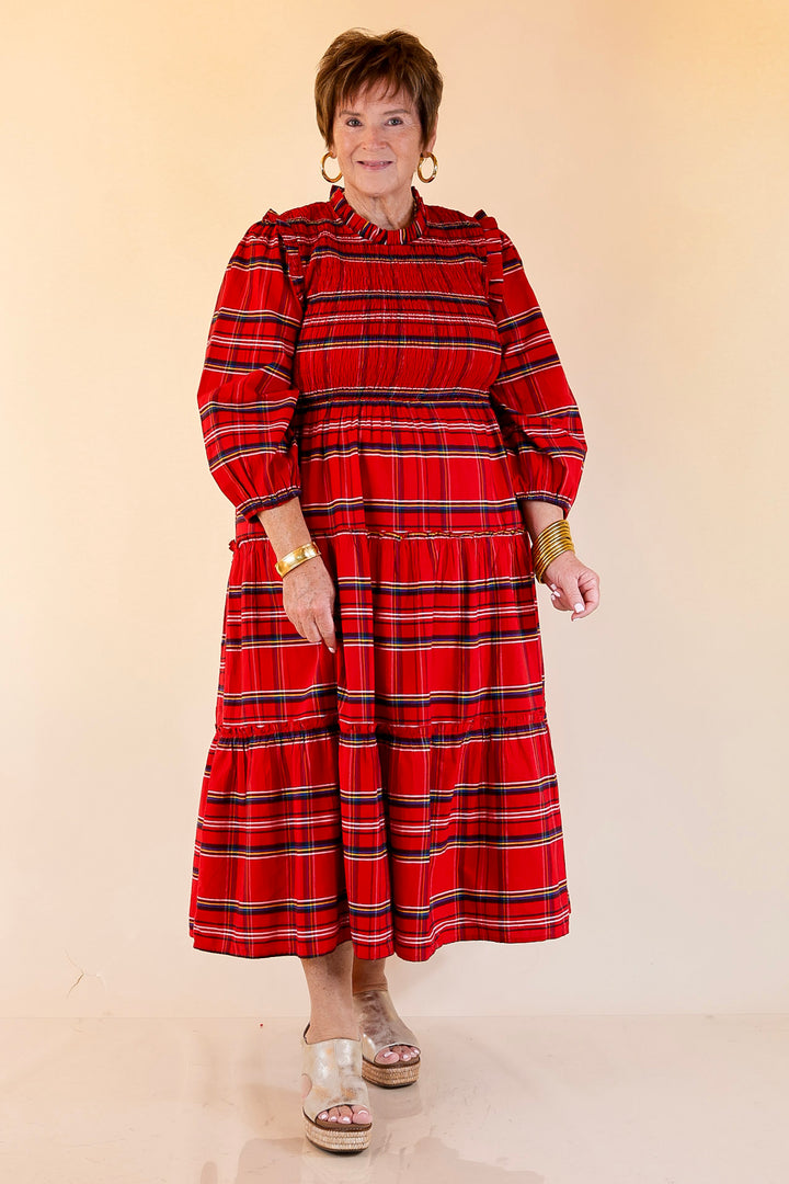 Mud Pie | Walton Smocked Bodice Long Sleeve Plaid Midi Dress with Tiered Skirt in Red