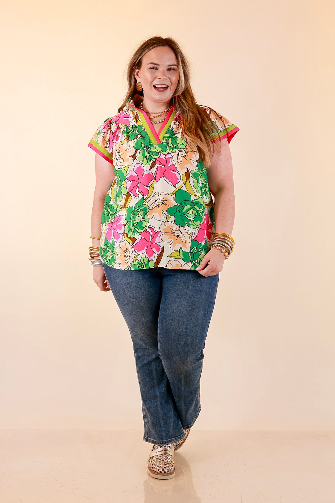 Spring Symphony Floral Print Flutter Sleeve Top with Contrast Trim Split Neckline in Pink and Green