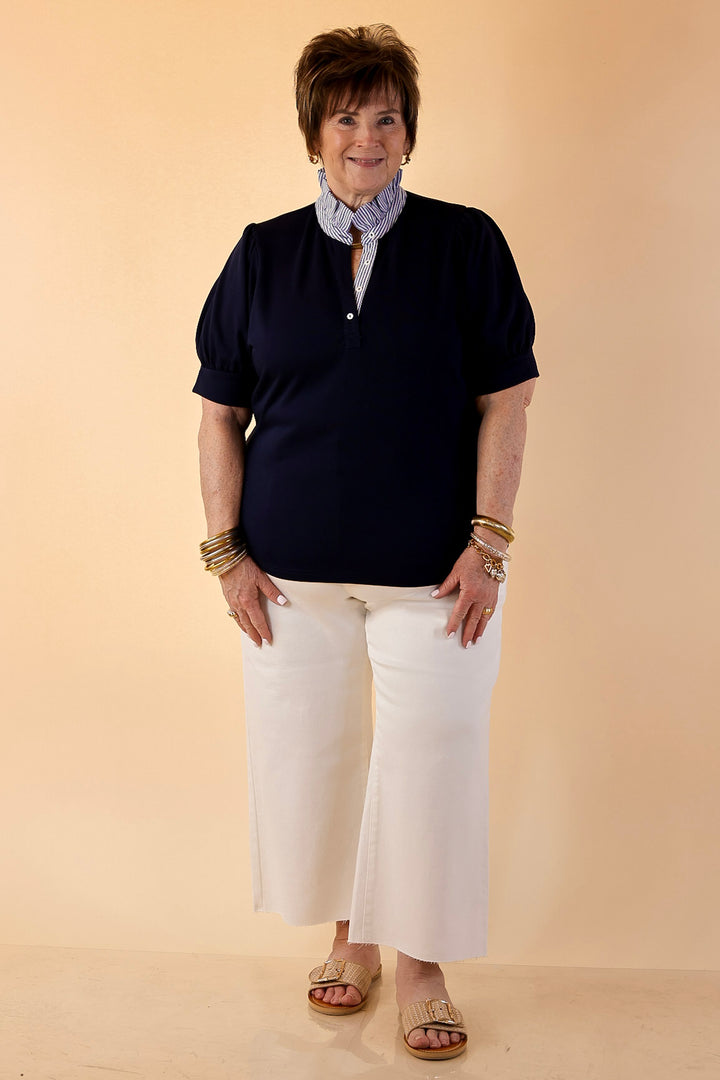 Sleek Sophistication Short Puff Sleeve Top with Striped Collar in Navy Blue