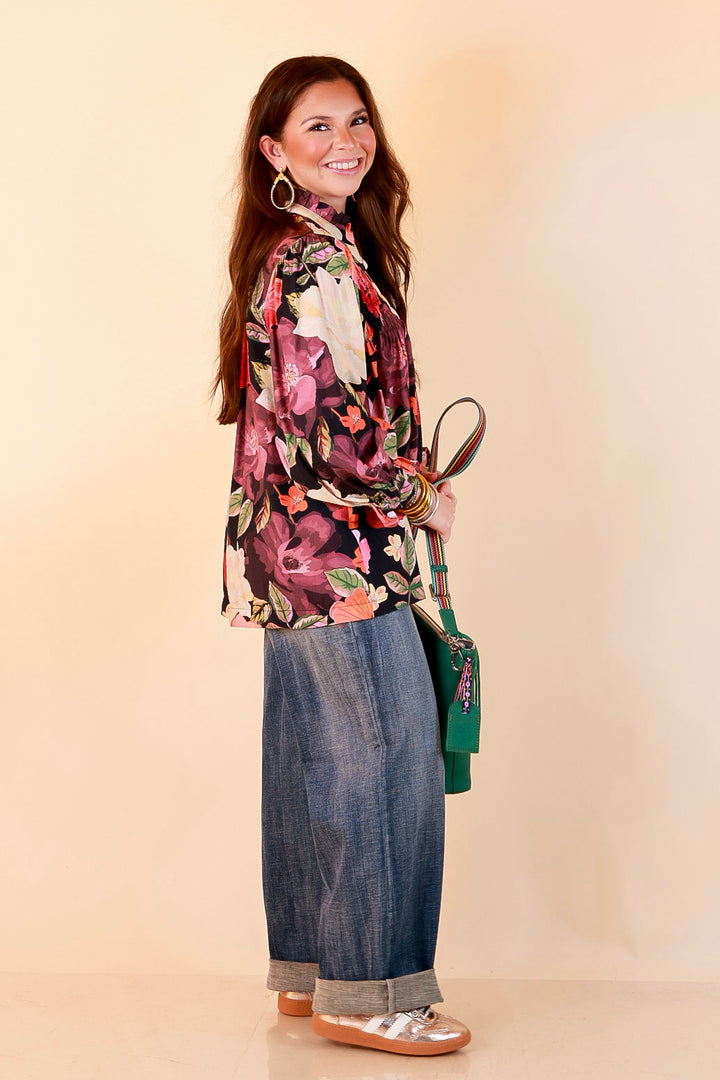 Pick of the Bunch Smocked Shoulder Button Front Floral Print Blouse in Black Multi