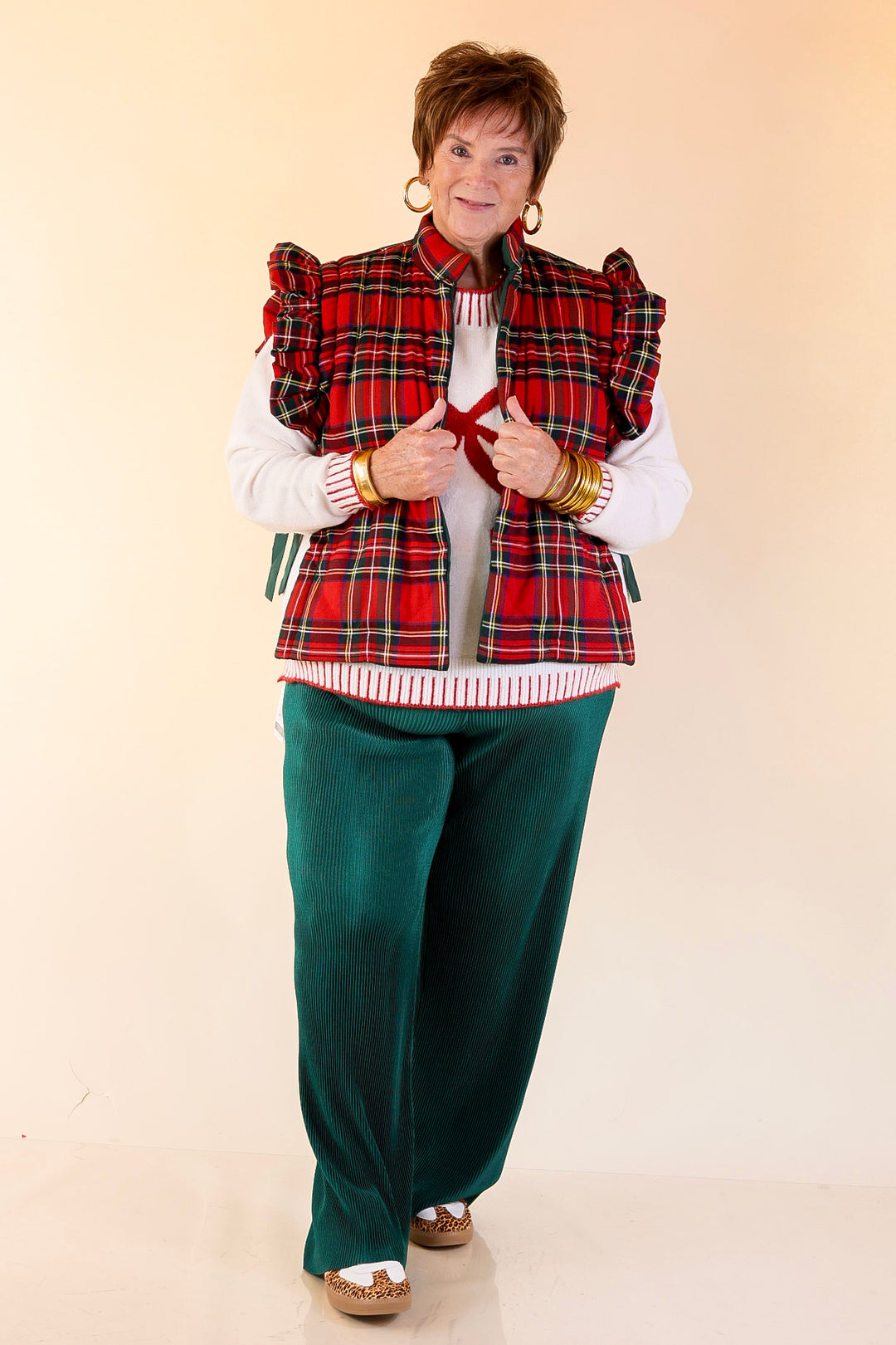 Mud Pie | Jefferies Quilted Plaid Reversible Vest with Ruffle Cap Sleeves and Bow Side Closure in Red
